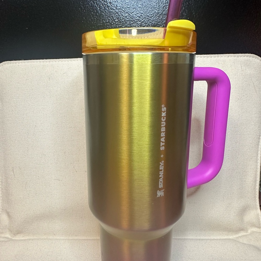 Stanley Starbucks Stainless Steel Tumbler with Yellow Lid and Purple Handle